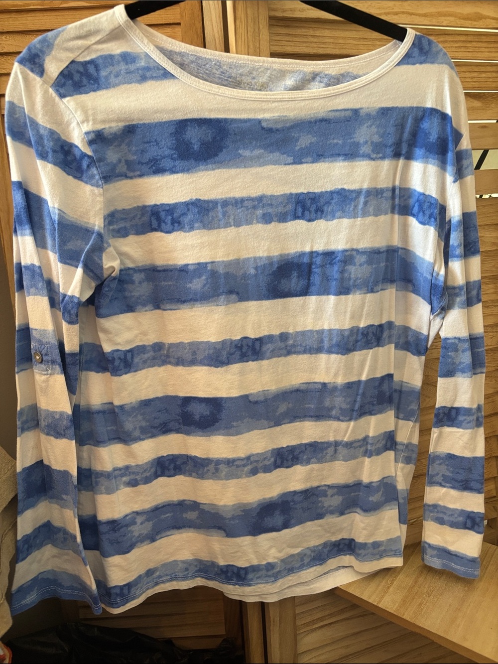 Calvin Klein Blue and White Striped Tee Medium